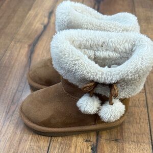 Kids Faux-Suede Pom Pom Winter Boots in Brown